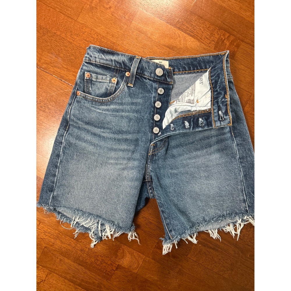 Levi's 501 Mid Thigh Shorts Women 25 Blue Denim Cut Off Button Fly